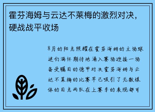 霍芬海姆与云达不莱梅的激烈对决，硬战战平收场