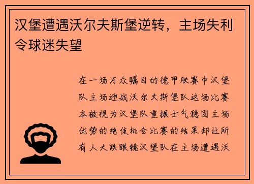 汉堡遭遇沃尔夫斯堡逆转，主场失利令球迷失望